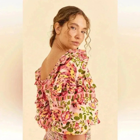 NWT Farm Rio Painted Bananas Puff Sleeve Top Blouse Pink XL - Picture 3 of 8